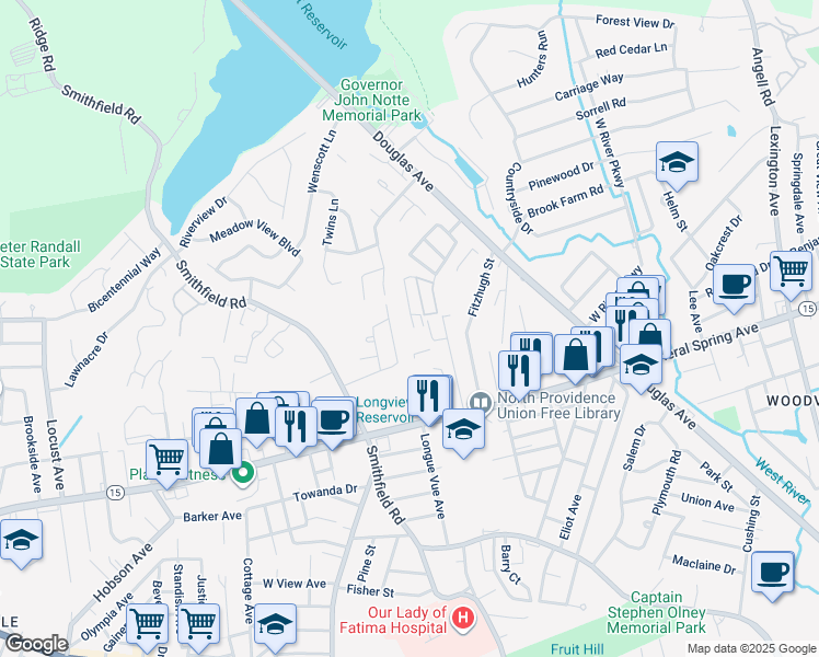 map of restaurants, bars, coffee shops, grocery stores, and more near 22 Primrose Lane in North Providence