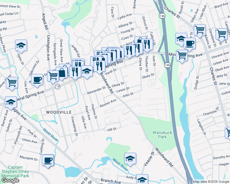 map of restaurants, bars, coffee shops, grocery stores, and more near 9 Lewis Street in Providence