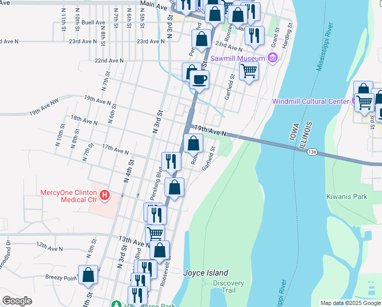 map of restaurants, bars, coffee shops, grocery stores, and more near 101 18th Avenue North in Clinton