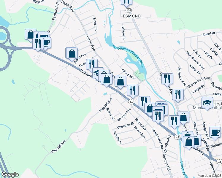 map of restaurants, bars, coffee shops, grocery stores, and more near 142 Putnam Pike in Johnston
