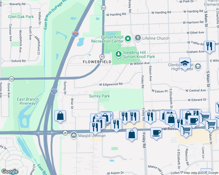 map of restaurants, bars, coffee shops, grocery stores, and more near 550 West Edgewood Road in Lombard
