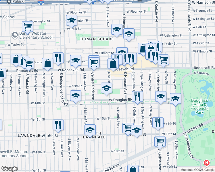 map of restaurants, bars, coffee shops, grocery stores, and more near 3447 West 12th Place in Chicago