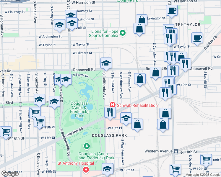 map of restaurants, bars, coffee shops, grocery stores, and more near 1253 South Fairfield Avenue in Chicago
