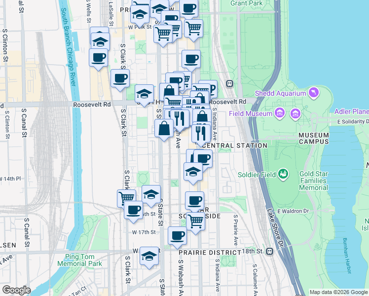 map of restaurants, bars, coffee shops, grocery stores, and more near 1345 South Wabash Avenue in Chicago