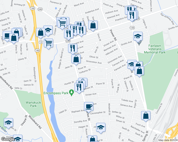 map of restaurants, bars, coffee shops, grocery stores, and more near 123 Volturno Street in North Providence
