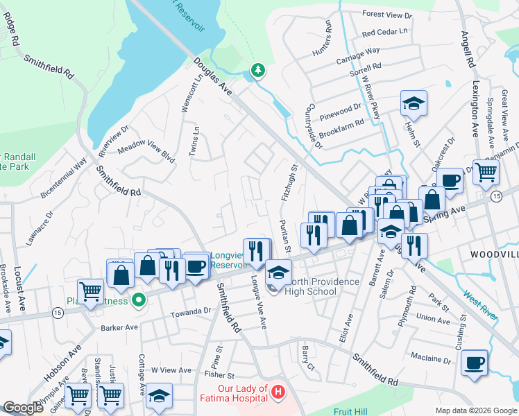 map of restaurants, bars, coffee shops, grocery stores, and more near 53 Hawthorne Street in North Providence