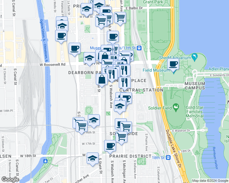 map of restaurants, bars, coffee shops, grocery stores, and more near 1327 South Wabash Avenue in Chicago