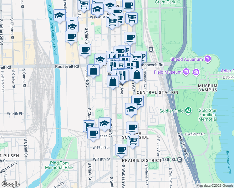 map of restaurants, bars, coffee shops, grocery stores, and more near 1301 South State Street in Chicago