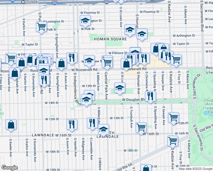 map of restaurants, bars, coffee shops, grocery stores, and more near S Central Park Ave & W 13th St in Chicago