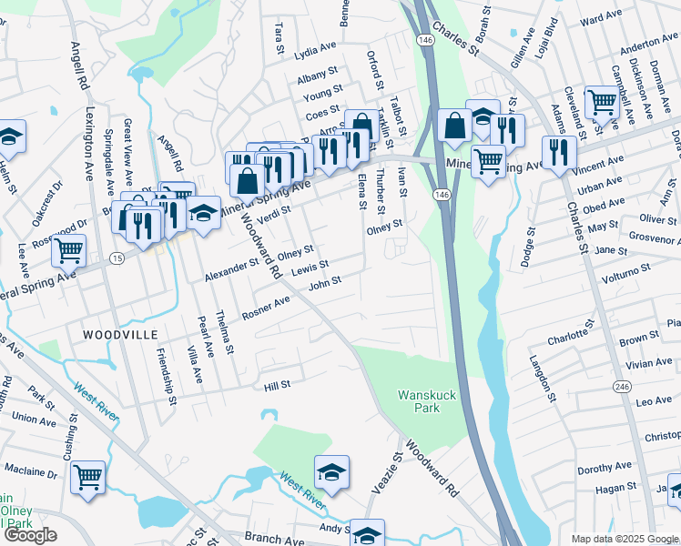 map of restaurants, bars, coffee shops, grocery stores, and more near 36 John Street in North Providence
