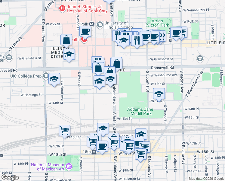map of restaurants, bars, coffee shops, grocery stores, and more near 1301 South Ashland Avenue in Chicago