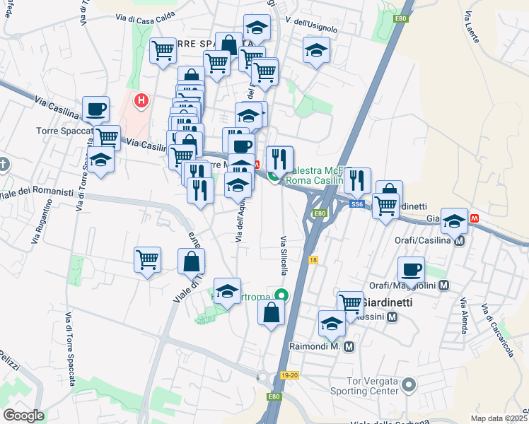 map of restaurants, bars, coffee shops, grocery stores, and more near 52 Via Sassonegro in Roma