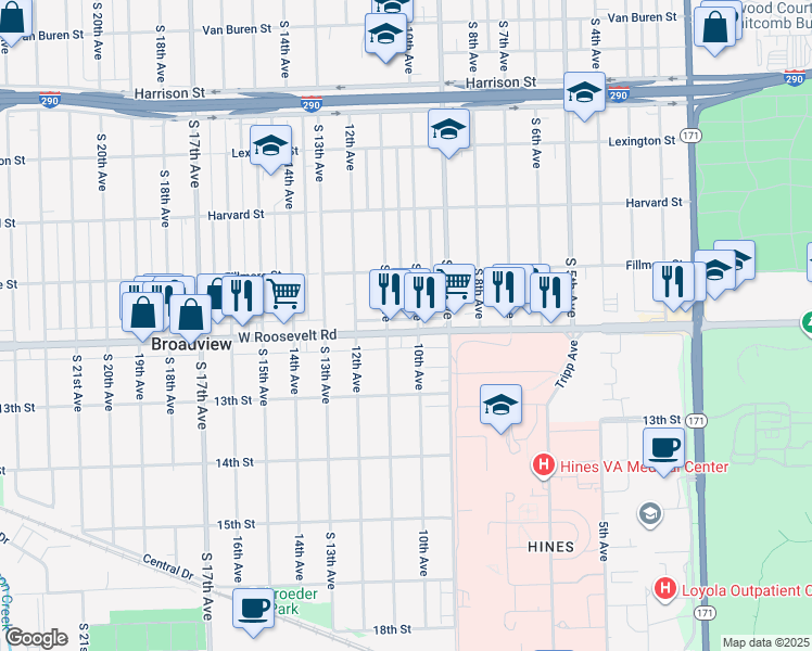 map of restaurants, bars, coffee shops, grocery stores, and more near 2124 South 10th Avenue in Maywood