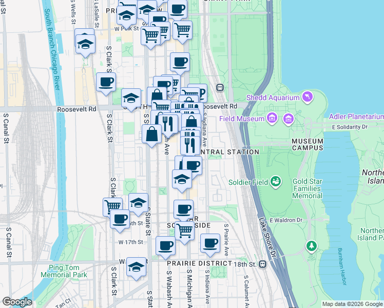 map of restaurants, bars, coffee shops, grocery stores, and more near 1325 South Michigan Avenue in Chicago