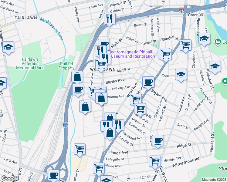 map of restaurants, bars, coffee shops, grocery stores, and more near 82 Anthony Avenue in Pawtucket