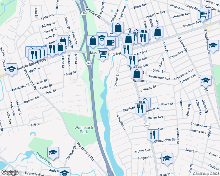 map of restaurants, bars, coffee shops, grocery stores, and more near 17 Dodge Street in North Providence
