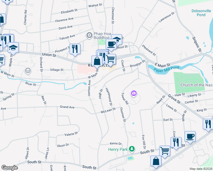 map of restaurants, bars, coffee shops, grocery stores, and more near 77 High Street in Vernon