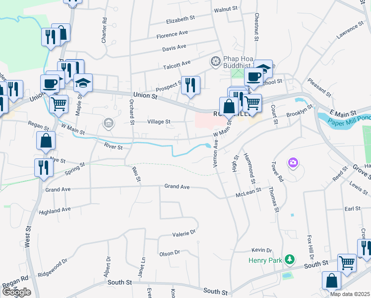 map of restaurants, bars, coffee shops, grocery stores, and more near 121 West Main Street in Vernon