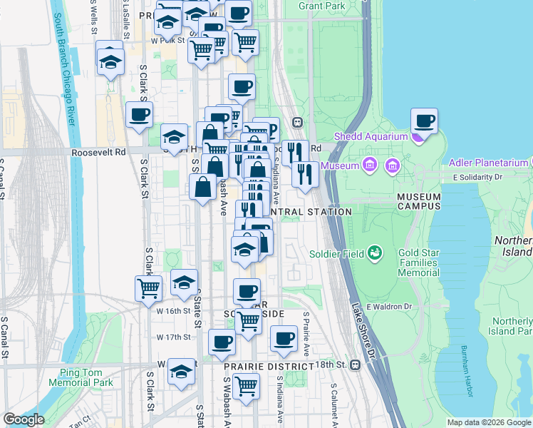 map of restaurants, bars, coffee shops, grocery stores, and more near 1344 South Indiana Parkway in Chicago