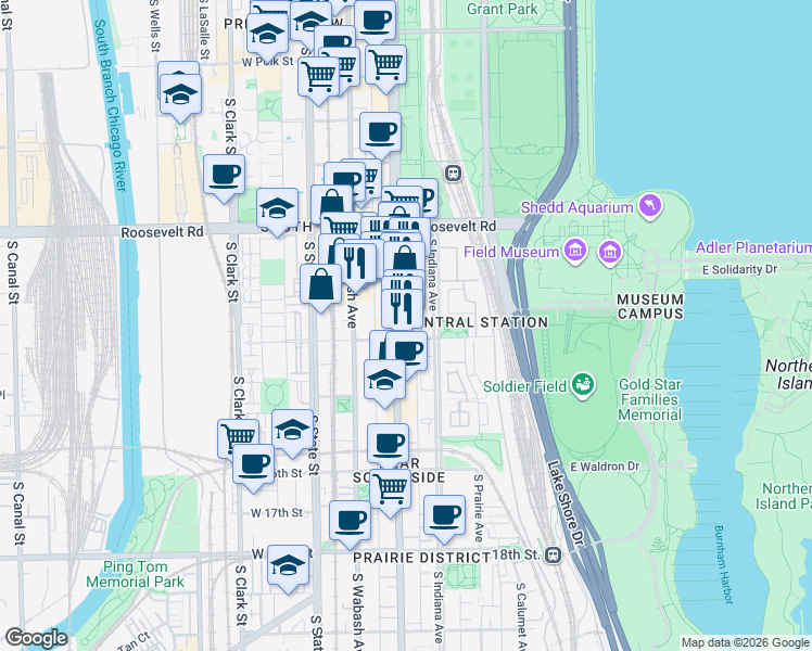 map of restaurants, bars, coffee shops, grocery stores, and more near 1325 South Michigan Avenue in Chicago