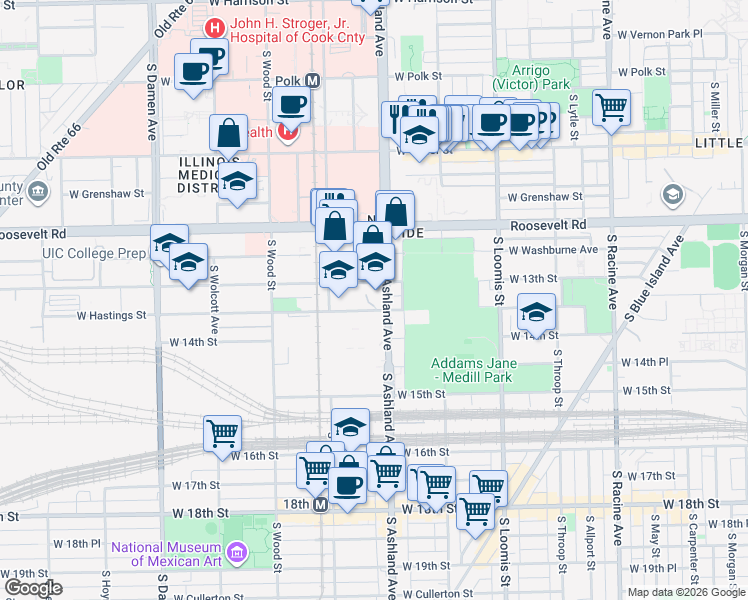 map of restaurants, bars, coffee shops, grocery stores, and more near 1636 West 13th Street in Chicago