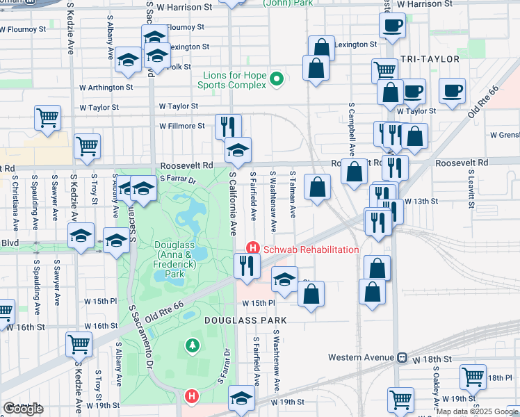 map of restaurants, bars, coffee shops, grocery stores, and more near 1253 South Fairfield Avenue in Chicago