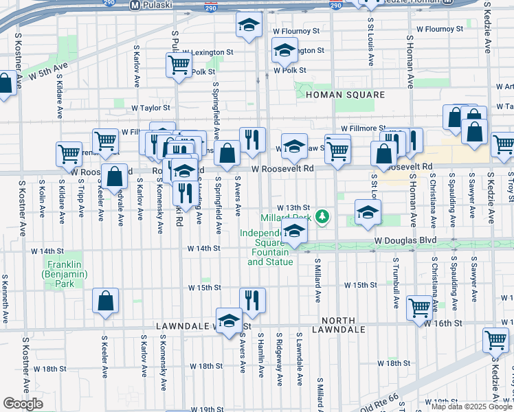map of restaurants, bars, coffee shops, grocery stores, and more near 1234 South Independence Boulevard in Chicago