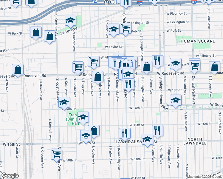 map of restaurants, bars, coffee shops, grocery stores, and more near 1235 South Karlov Avenue in Chicago