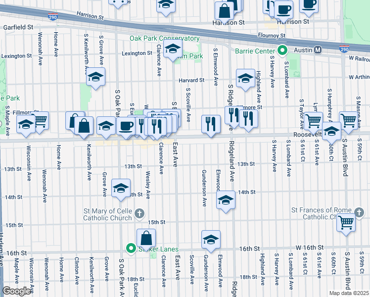 map of restaurants, bars, coffee shops, grocery stores, and more near 6519 Roosevelt Road in Berwyn