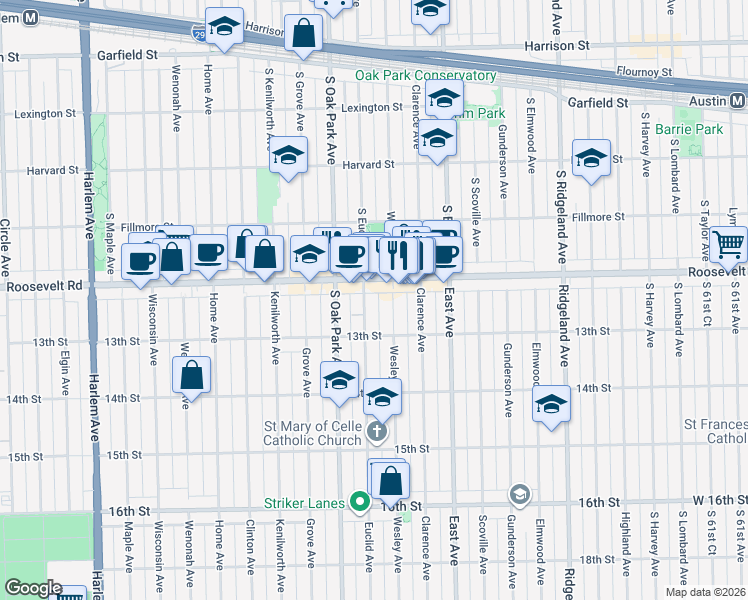 map of restaurants, bars, coffee shops, grocery stores, and more near 6713 12th Street in Oak Park