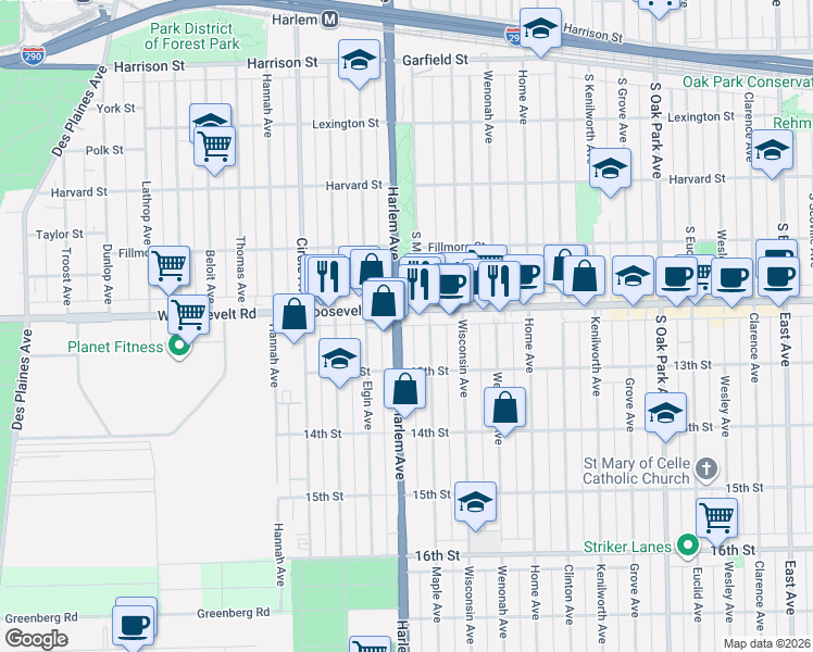 map of restaurants, bars, coffee shops, grocery stores, and more near in Oak Park