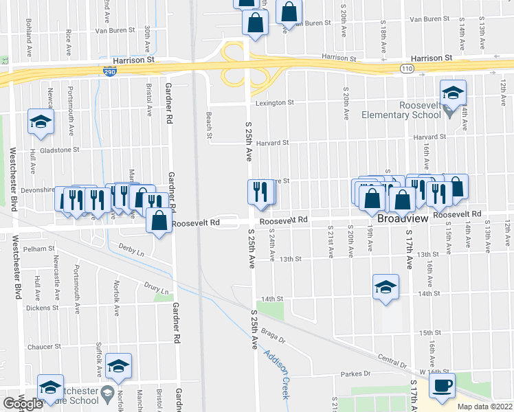 map of restaurants, bars, coffee shops, grocery stores, and more near 2113 South 25th Avenue in Broadview