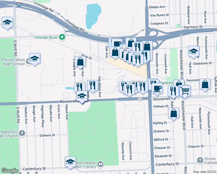 map of restaurants, bars, coffee shops, grocery stores, and more near 4207 Edgewater Avenue in Hillside