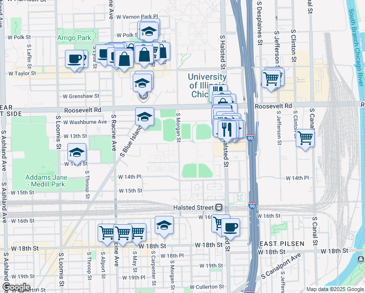 map of restaurants, bars, coffee shops, grocery stores, and more near 943 West Maxwell Street in Chicago