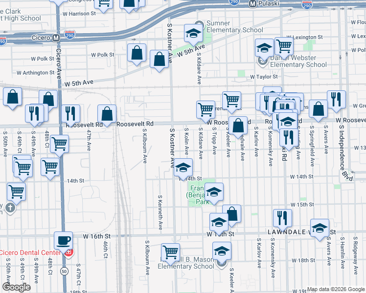 map of restaurants, bars, coffee shops, grocery stores, and more near 1235 South Kolin Avenue in Chicago