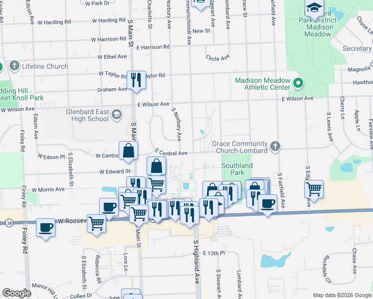 map of restaurants, bars, coffee shops, grocery stores, and more near 1052 Hammerschmidt Avenue in Lombard