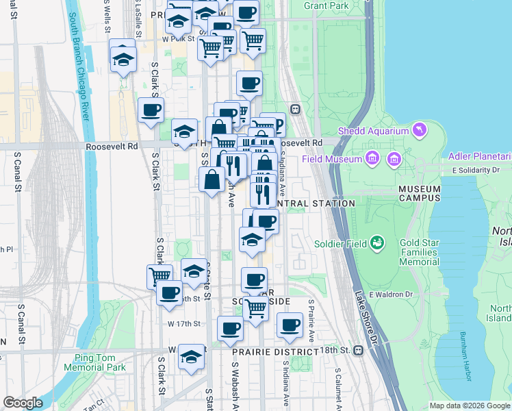 map of restaurants, bars, coffee shops, grocery stores, and more near 1340 South Michigan Avenue in Chicago