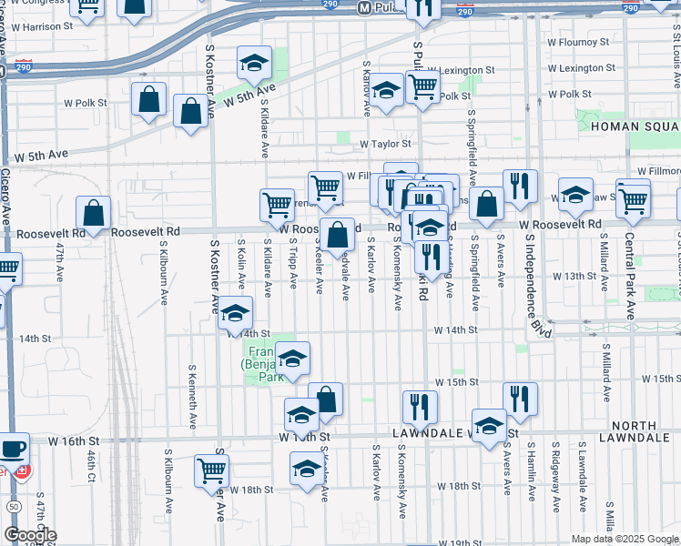 map of restaurants, bars, coffee shops, grocery stores, and more near 1252 South Kedvale Avenue in Chicago