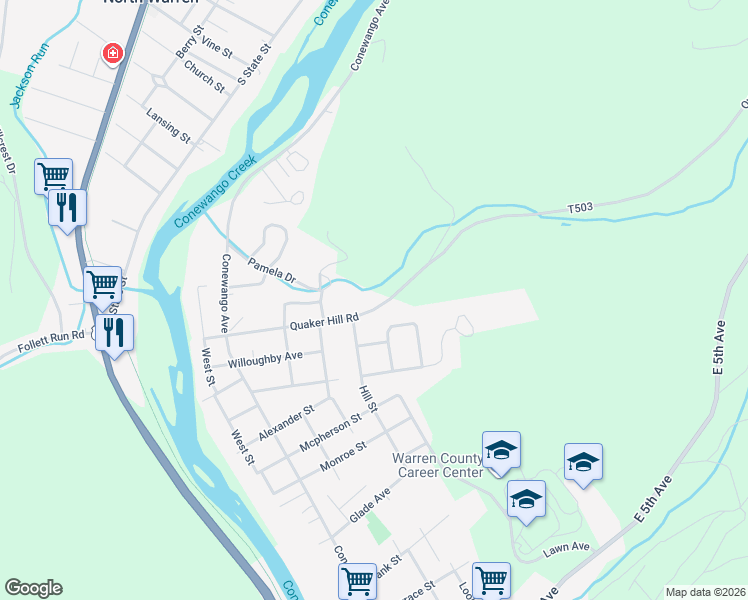 map of restaurants, bars, coffee shops, grocery stores, and more near 303 Quaker Hill Road in Warren