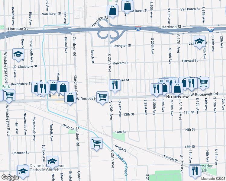 map of restaurants, bars, coffee shops, grocery stores, and more near 2121 South 25th Avenue in Broadview