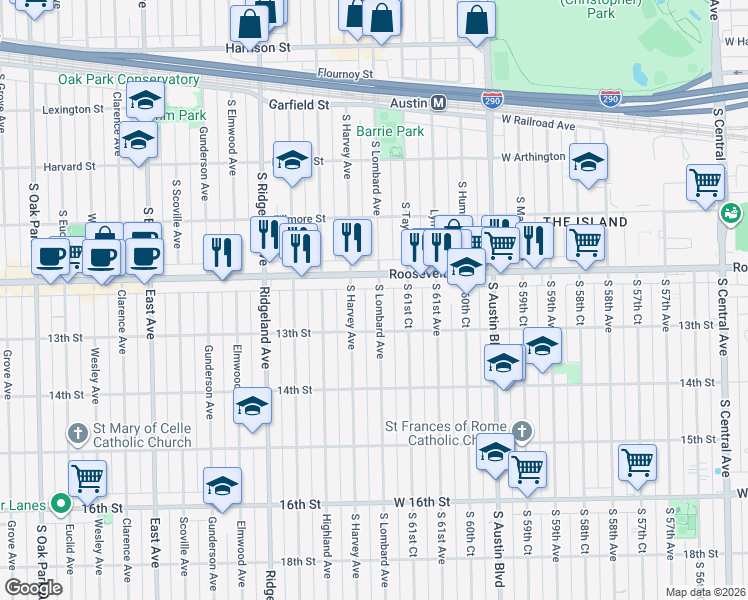 map of restaurants, bars, coffee shops, grocery stores, and more near 1220 Lombard Avenue in Berwyn