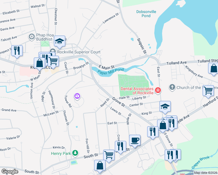map of restaurants, bars, coffee shops, grocery stores, and more near 6 Bradley Drive in Vernon