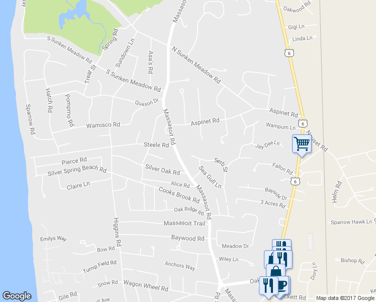 map of restaurants, bars, coffee shops, grocery stores, and more near 215 Serb Street in Eastham