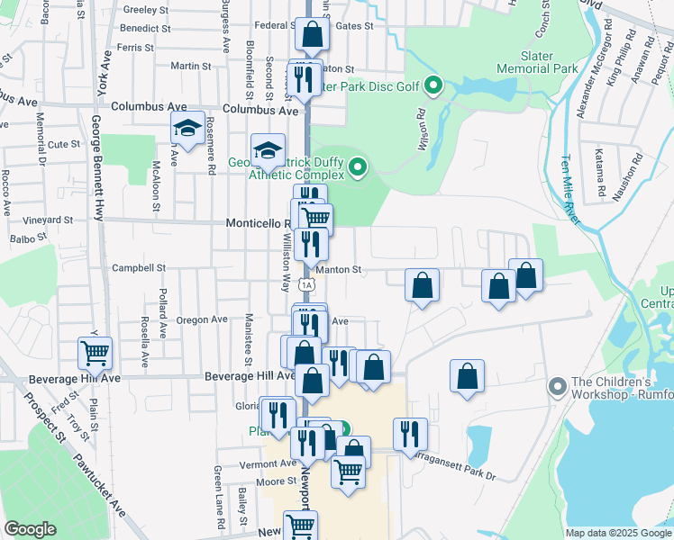 map of restaurants, bars, coffee shops, grocery stores, and more near 50 Courtney Avenue in Pawtucket