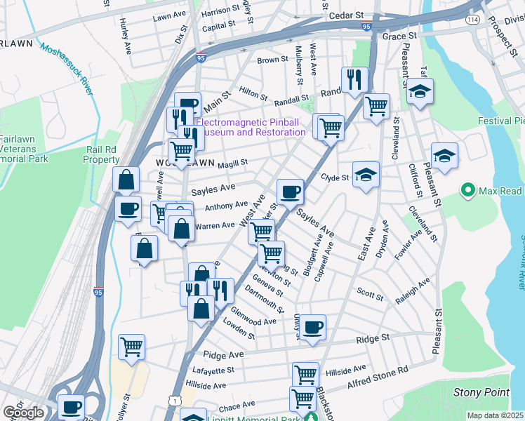 map of restaurants, bars, coffee shops, grocery stores, and more near 11 Walker Street in Pawtucket