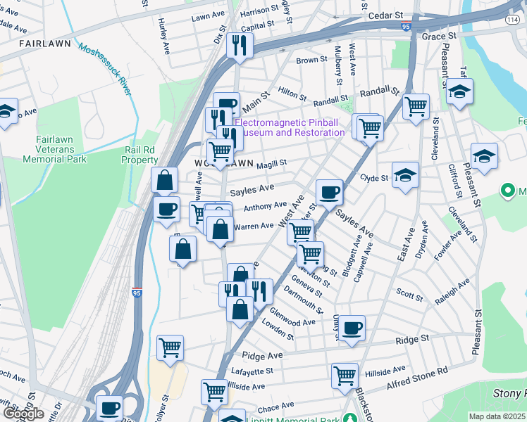 map of restaurants, bars, coffee shops, grocery stores, and more near 82 Anthony Avenue in Pawtucket