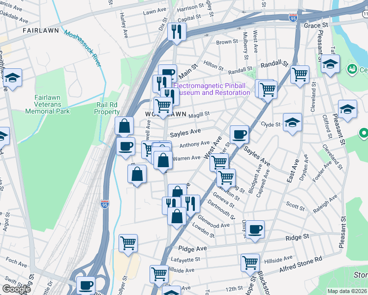 map of restaurants, bars, coffee shops, grocery stores, and more near 82 Anthony Avenue in Pawtucket