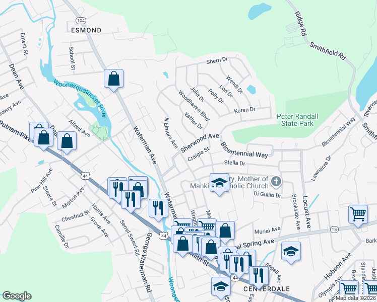 map of restaurants, bars, coffee shops, grocery stores, and more near 1 Berwick Avenue in North Providence