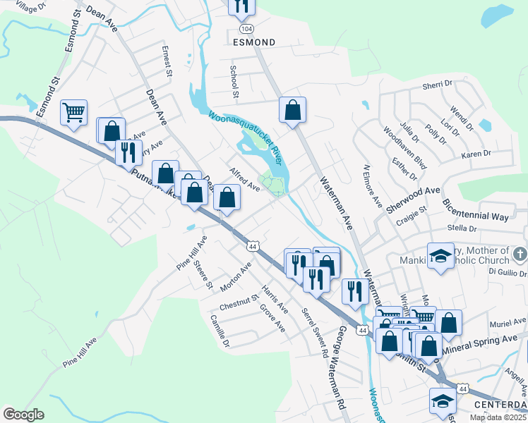 map of restaurants, bars, coffee shops, grocery stores, and more near 39 Angell Street in Johnston