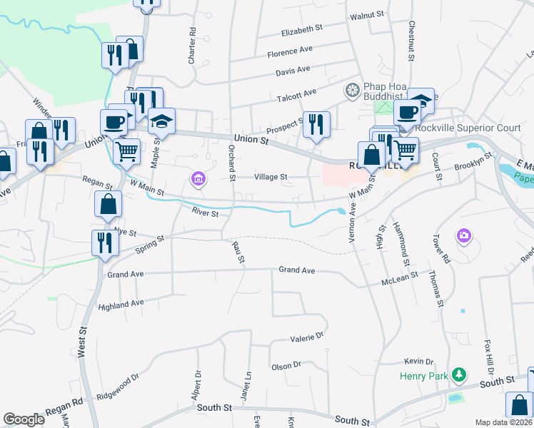 map of restaurants, bars, coffee shops, grocery stores, and more near 155 West Main Street in Vernon
